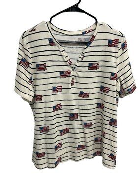 Coral Bay Large Patriotic Flag Henley Short Sleeve Striped Top Americana Nautica